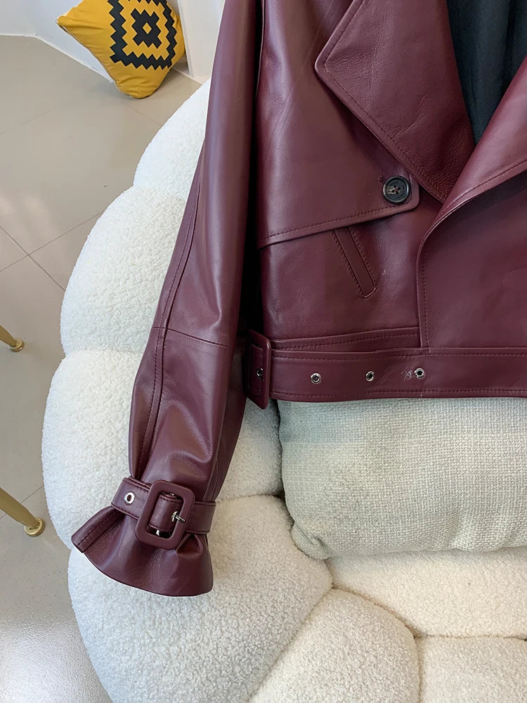 European Style Genuine Sheepskin Coat Women's Lapel Irregular Placket Real Leather Jacket Fashion Motorcycle Coats and Jackets