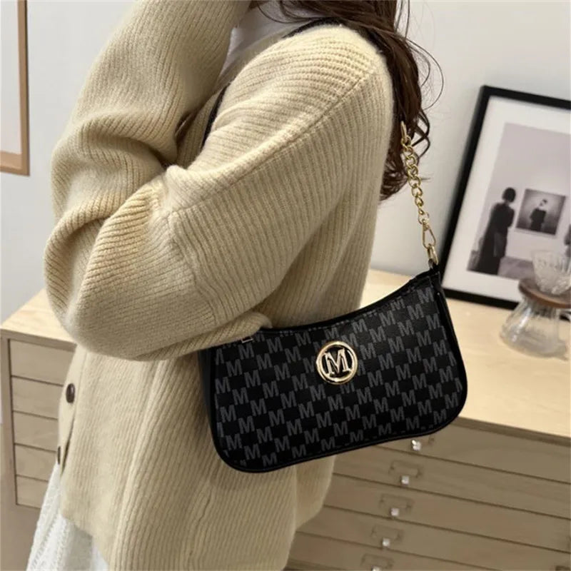 Vintage Style Handbag Crossbody Bag, Gold Letter 'M' Design Pu Leather Shoulder Messenger Bag, Synthetic Leather Tote Bag, Purse