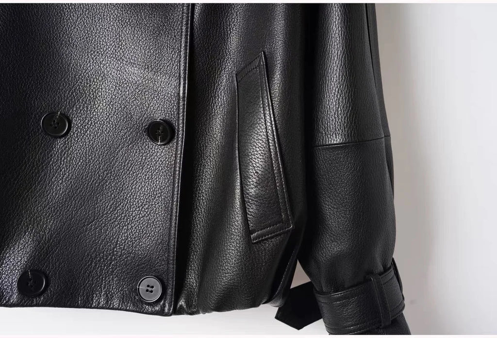 Fashion Real Leather Jacket for Women Modern Genuine Sheepskin Stand Up Collar Short Silhouette Coat Winter Tops Lapel