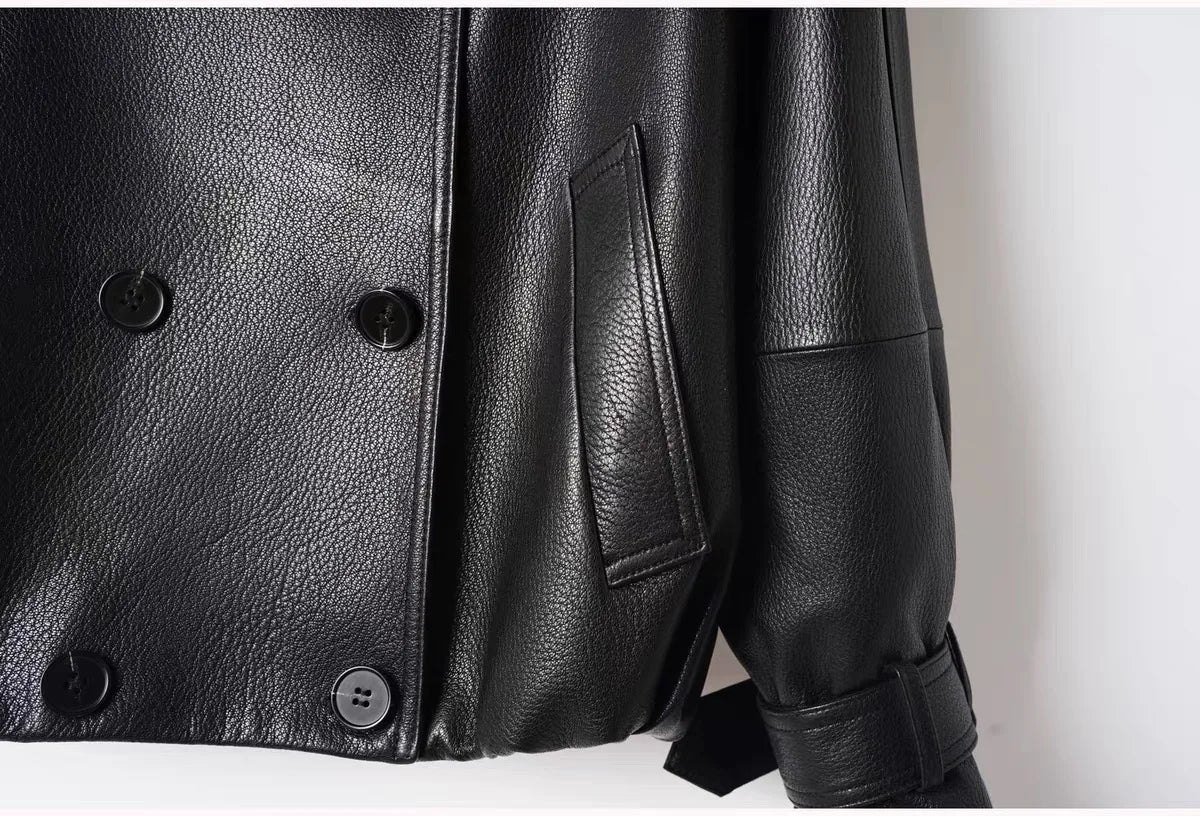 Fashion Real Leather Jacket for Women Modern Genuine Sheepskin Stand Up Collar Short Silhouette Coat Winter Tops Lapel