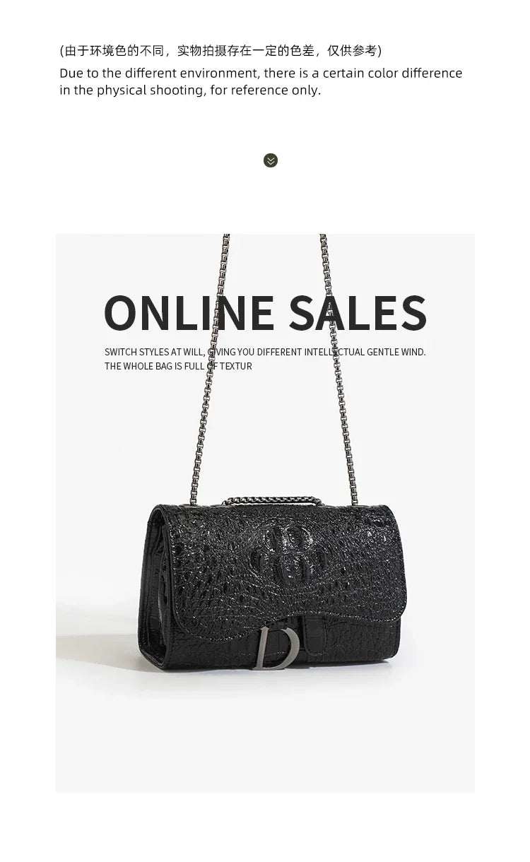 Fashion Ladies Croc Pattern Sequined Chain Crossbody Bag D‑Buckle Shoulder Messenger Handbag Women Evening Party Purse