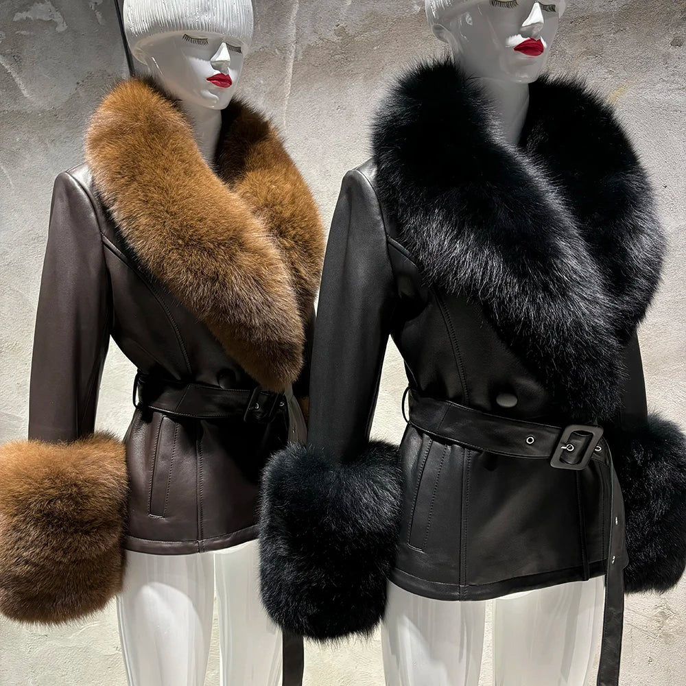 YOLOAgain Women's Real Fox Fur Collar Sheepskin Leather Jacket Coat Autumn 2025