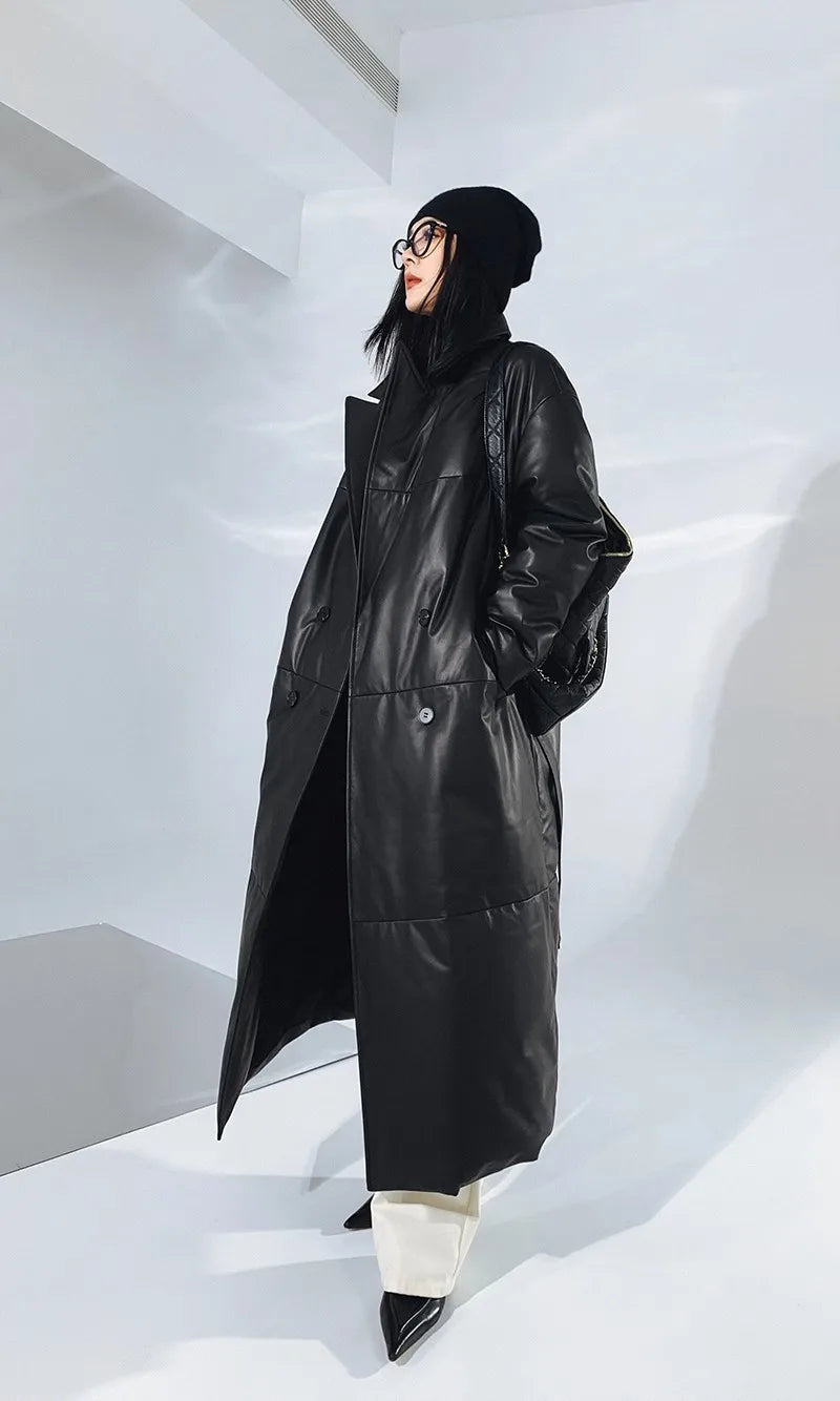 Women's Leather Down Jacket, Loose, Extra Length Design, Goose Down Coat, Suit Collar, Sheepskin Coat, Fashion