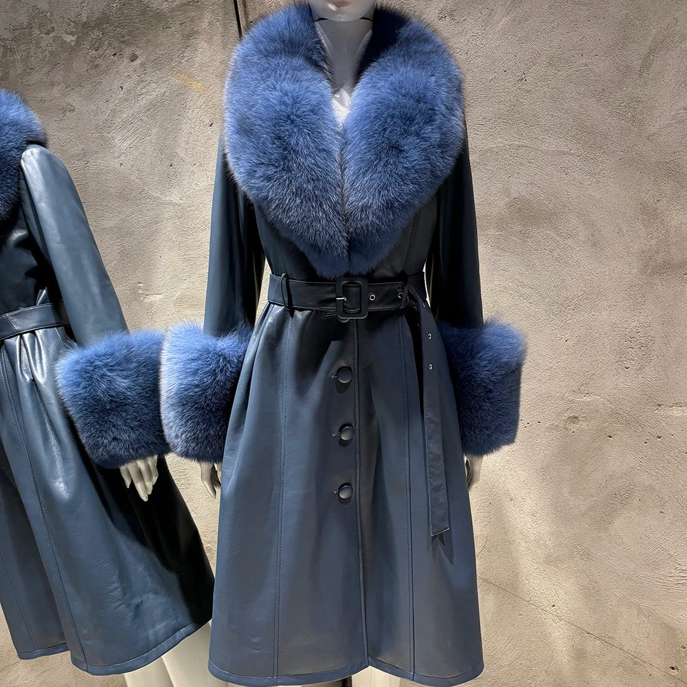 YOLOAgain Burgundy Real Fox Fur Collar Leather Trench Coat Women Genuine Leather Jacket Long Female