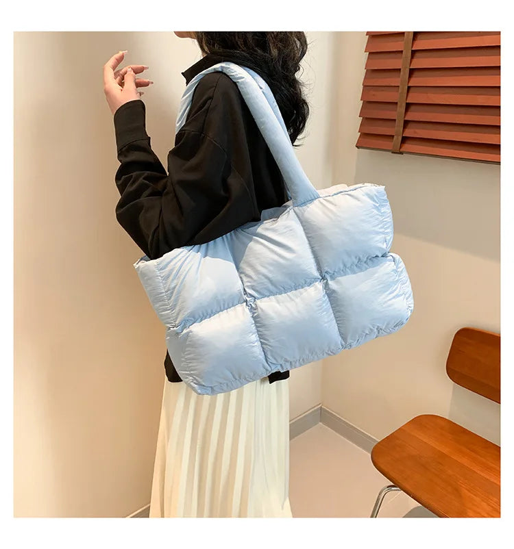 Quilted Plaid Bag Women Tote Handbags Retro Trendy Checkered Waterproof Shoulder Bag Solid Color Winter Soft Large Capacity Bags