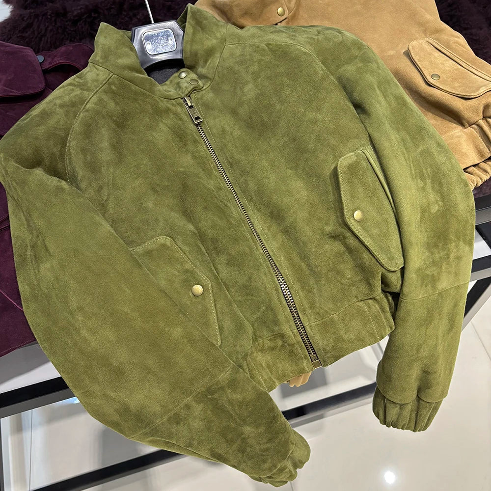 YOLOAgain Suede Leather Jacket Coat Women Real Leather Cropped Jacket Bomber Jacket