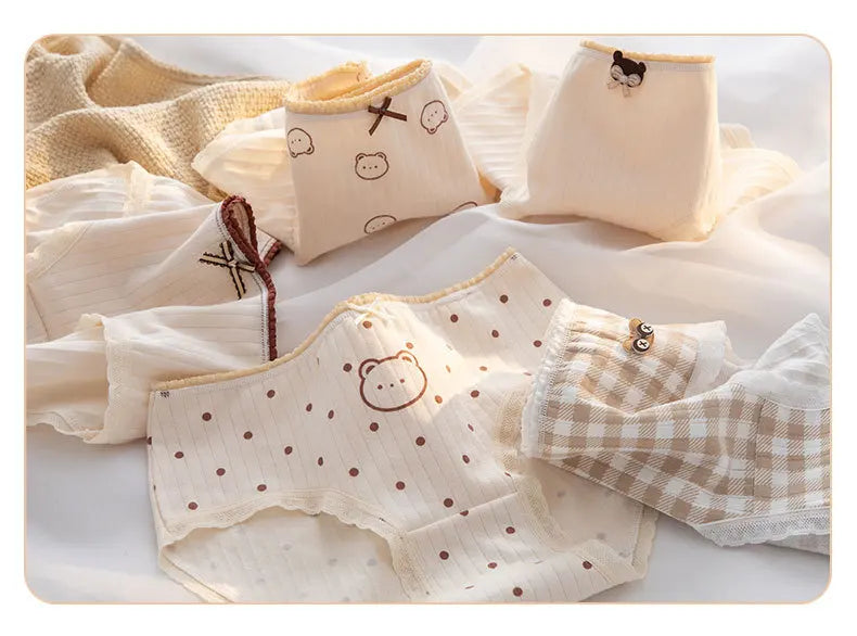 5Pcs/set Women Cotton Panties Cartoon Girls Briefs Mid Waist Underwear Shorts Soft Breathable Panty Sexy Intimates Lingerie M-XL