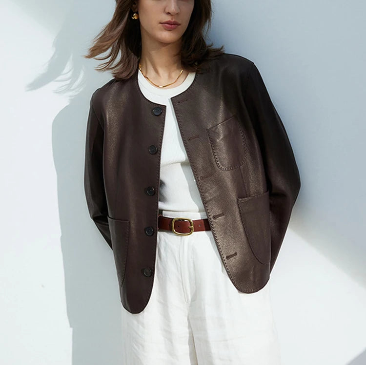 Women's Autumn Clothing European High Quality Sheepskin Casual O-Neck Single-Breasted Coffee Litchi Stria Genuine Leather Jacket