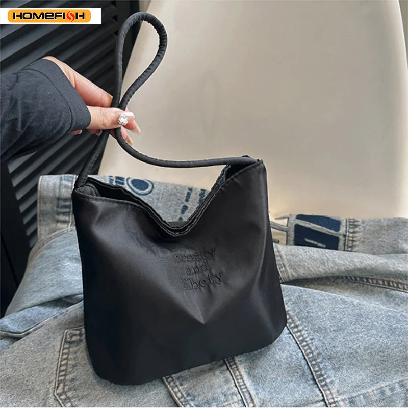 Embroidered Nylon Bucket Bag, Japanese Style Commuter Single Shoulder Bag, Fashion Spring Summer Small Square Handbag for Women
