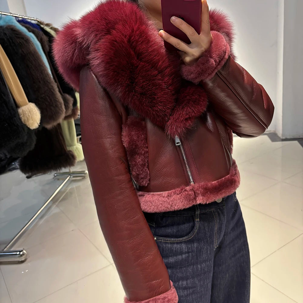 YOLOAgain Burgundy Shearling Jacket With Hood Women 2025 Winter Real Leather Jacket Coat