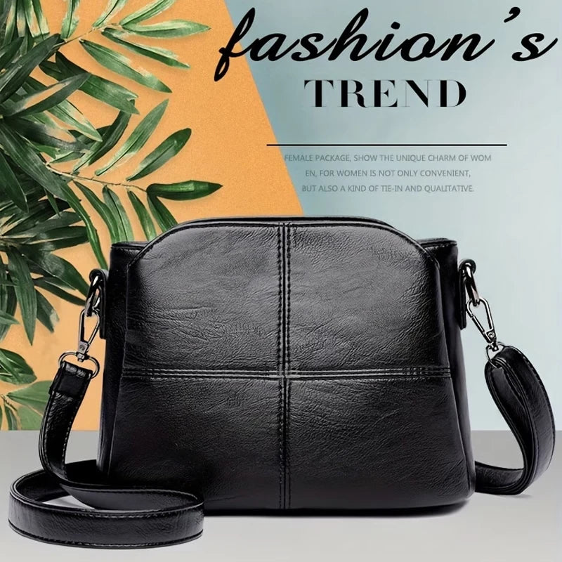 Women Vintage PU Leather Crossbody Bag Casual Daily Mini Shoulder Handbag Multi‑Layer Zipper Pocket Design Adjustable Strap Ligh