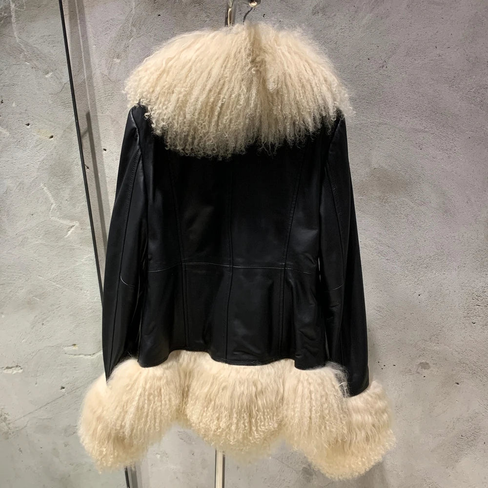 Leopard Print Real Leather Women Coat with Pink Mongolian Fur Luxurious Winter Streetwear for Ladies