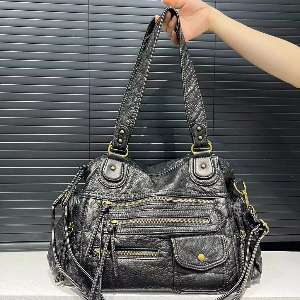 Y2K Hot Girl Single Shoulder Crossbody Bag Vintage Washed Leather Motorcycle Bag Large Capacity Multi Pocket Bag