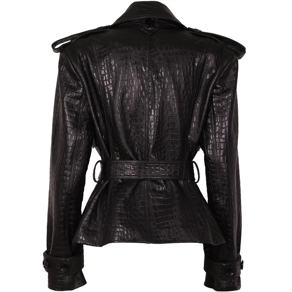 YOLOAgain High Quality Suede Leather Jacket Women With Belt Double Breasted Croc Pattern Jacket Female