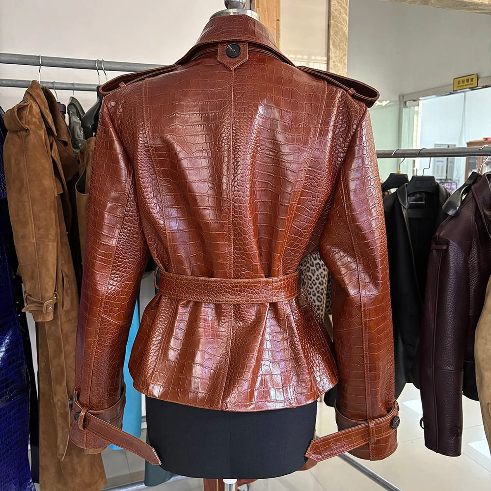 YOLOAgain High Quality Suede Leather Jacket Women With Belt Double Breasted Croc Pattern Jacket Female