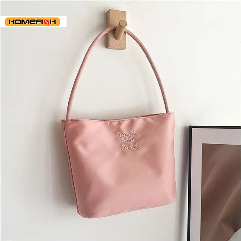 Embroidered Nylon Bucket Bag, Japanese Style Commuter Single Shoulder Bag, Fashion Spring Summer Small Square Handbag for Women