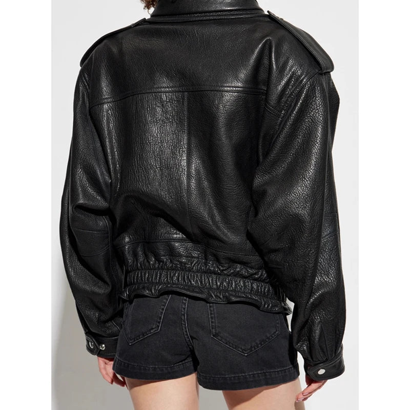 Leather Coat Autumn Winter Women Vintage Fashion Double Collar Lychee Pattern Sheepskin Bubble Leather Zipper Motorcycle Jacket