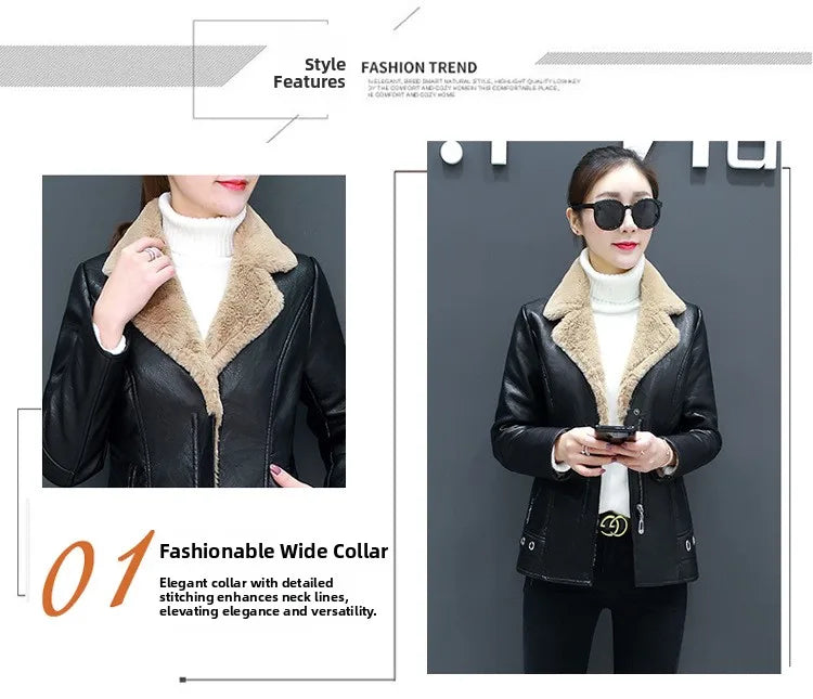 Women's Biker Style Thickened Short Leather Jacket Autumn Winter Street Fashion PU Material Versatile Outerwear Coat