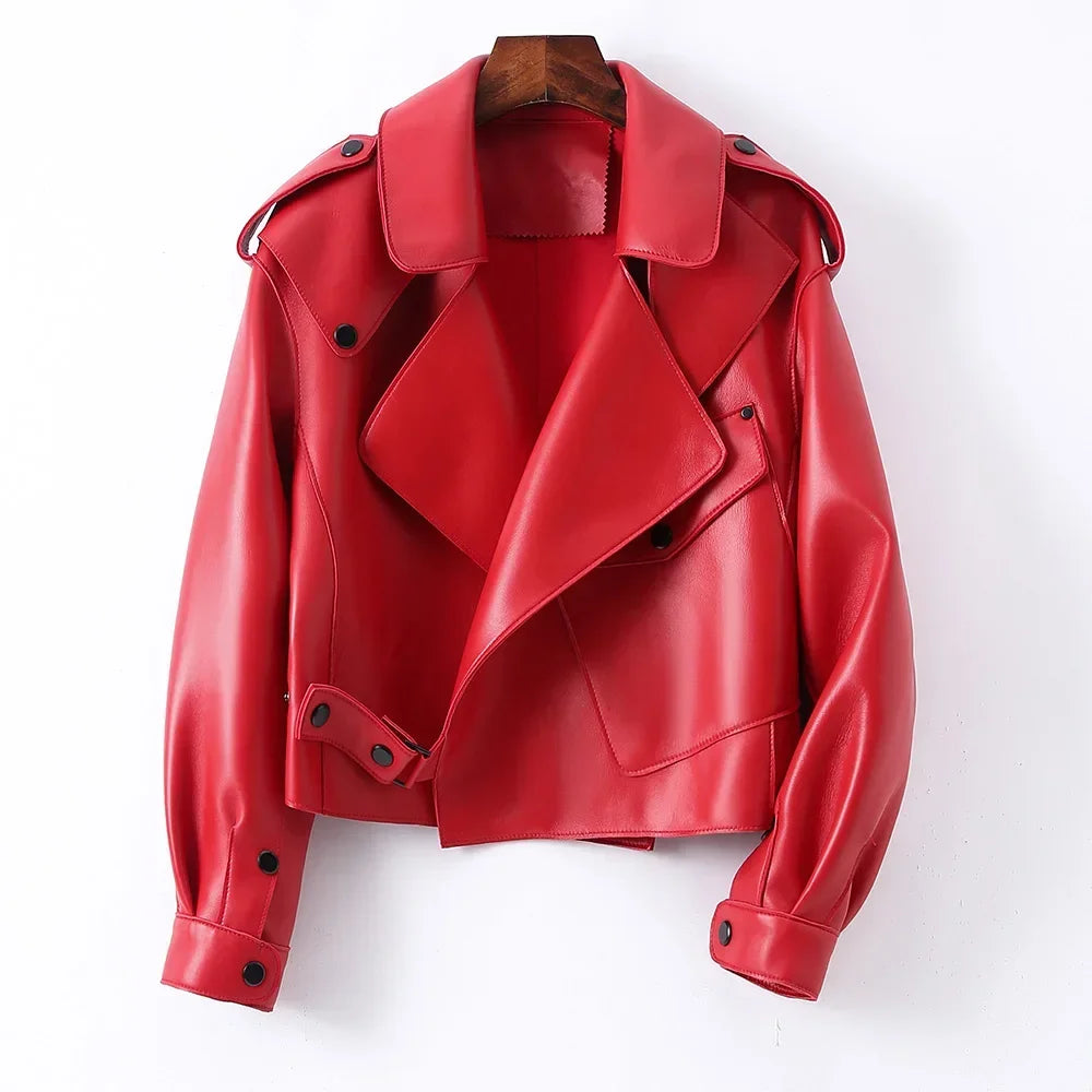 Sheepskin Coat For Women Leather Jacket Winter Spring Moto Biker Genuine Top Quality Black S7547
