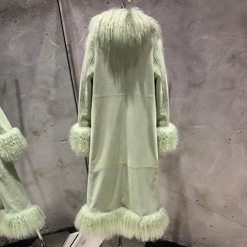 Sheep Fur Coat Long Women Autumn Genuine Sheepskin Coat Long with Mongfolian Fur Trim
