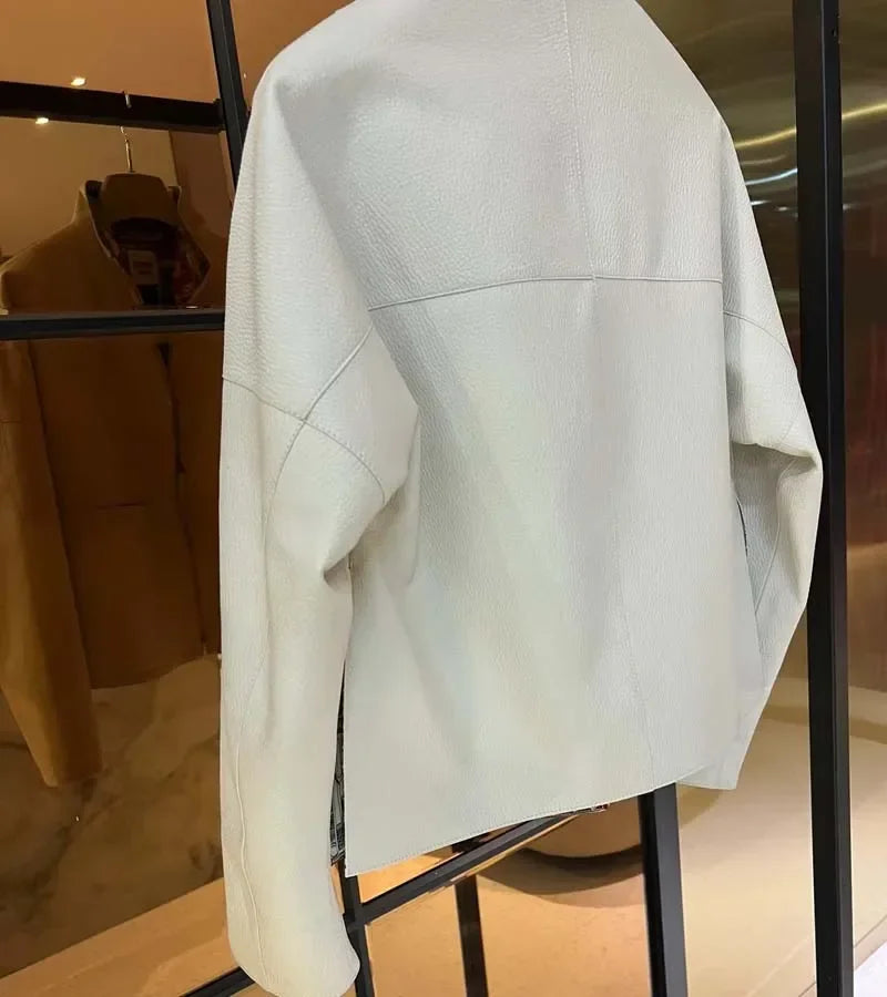 New Fashion 2026 Women Coat Spring Orange Import Real Sheepskin Jacket Floral Pattern Lining Short Length Big Pockets