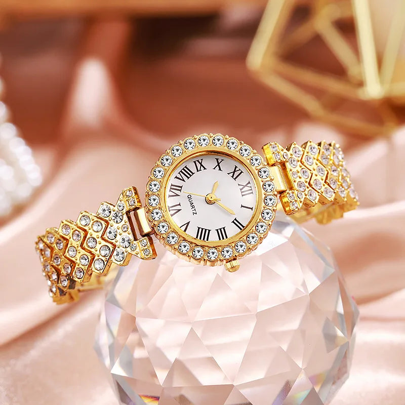 5PCS Elegant Rhinestone Women Quartz Watch Jewelry Set Fashion Ladies Bracelet Strap Wristwatches Reloj Mujer（Without Box）