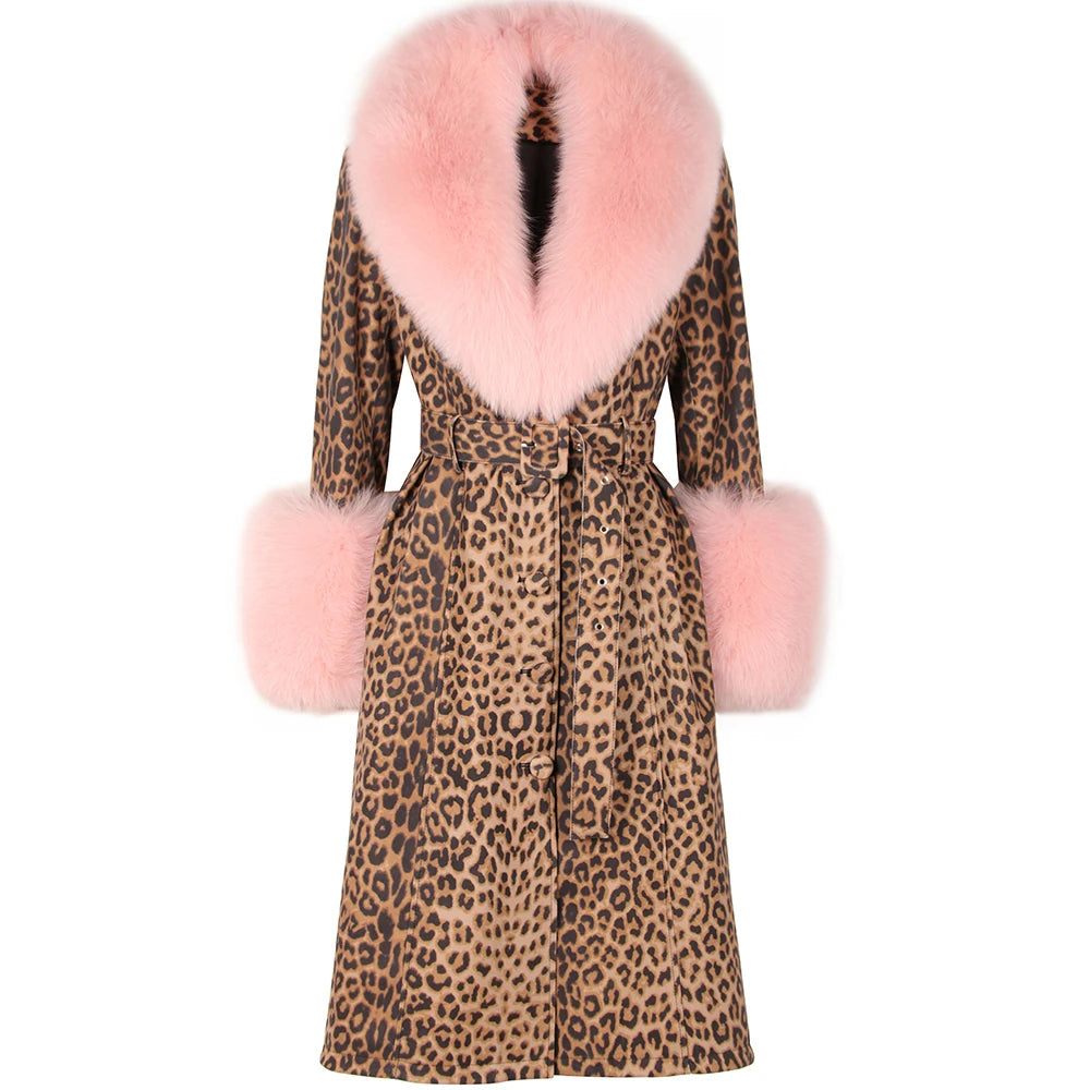 YOLOAgain Burgundy Real Fox Fur Collar Leather Trench Coat Women Genuine Leather Jacket Long Female