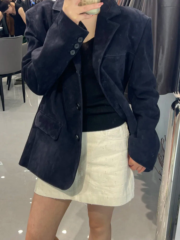 High Quality Suede Leather Suit Jacket Woman Kid Suede Flip Collar Wide Shoulder Split Vintage Ropa Mujer Dark Blue Blazer Coat