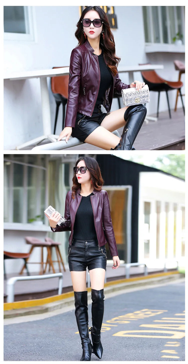 New Women Spring Autumn Leather Jacket Fashion Small Stand Collar Long Sleeve Slim Sheepskin Jacket Split Leather Short Coat