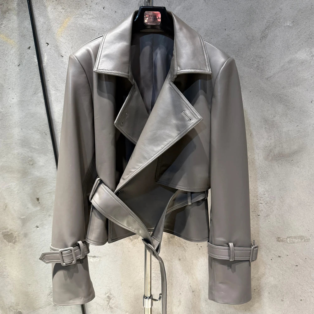 Croc Pattern Real Leather Jacket Autumn Outerwear For Female Cropped Belted Real Sheepskin Jacket