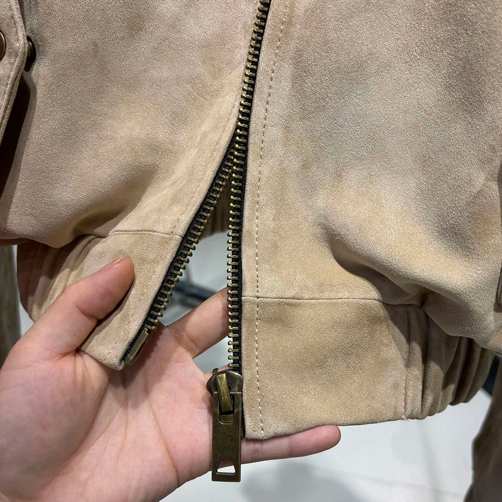 YOLOAgain Suede Leather Jacket Coat Women Real Leather Cropped Jacket Bomber Jacket