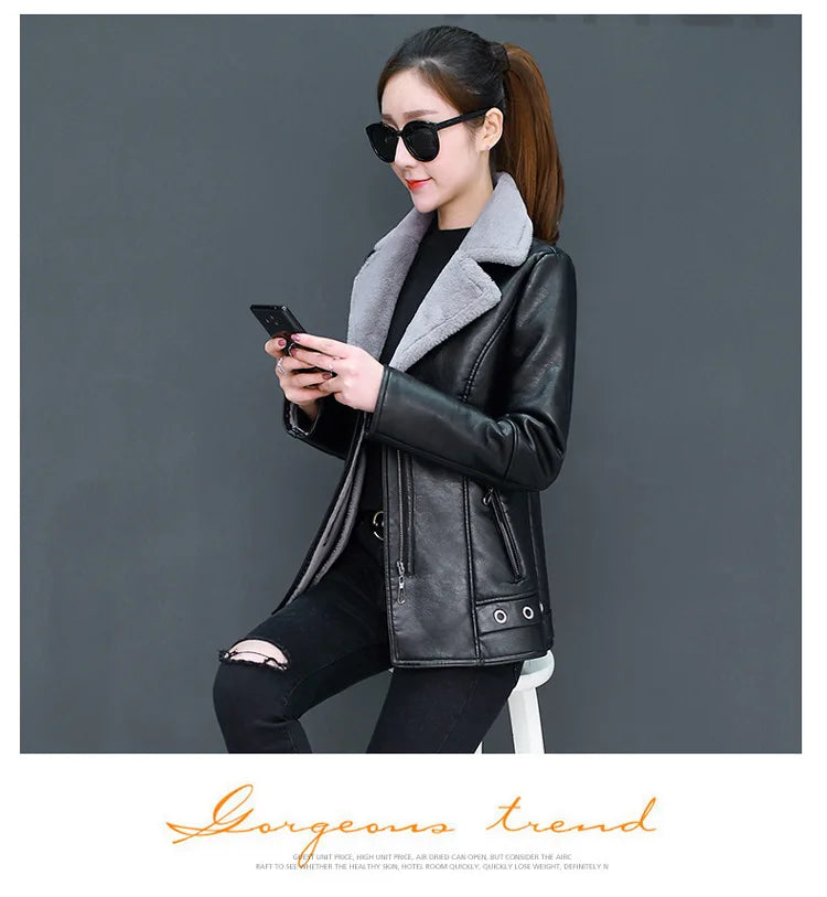 Women's Biker Style Thickened Short Leather Jacket Autumn Winter Street Fashion PU Material Versatile Outerwear Coat