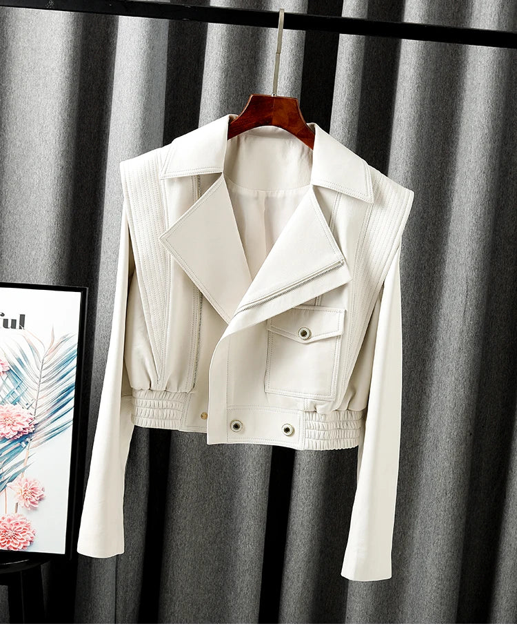 Jacket For Women 2025 New European Genuine Leather Coat Female Zipper Large Lapel Short Oversize Locotive Whtie Jaqueta Feminina