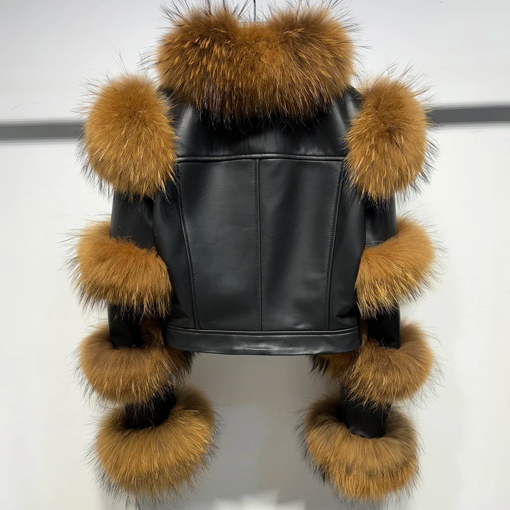YOLOAgain Women's Natural Fox Fur Jacket Real Leather Cropped Jacket Streetwear