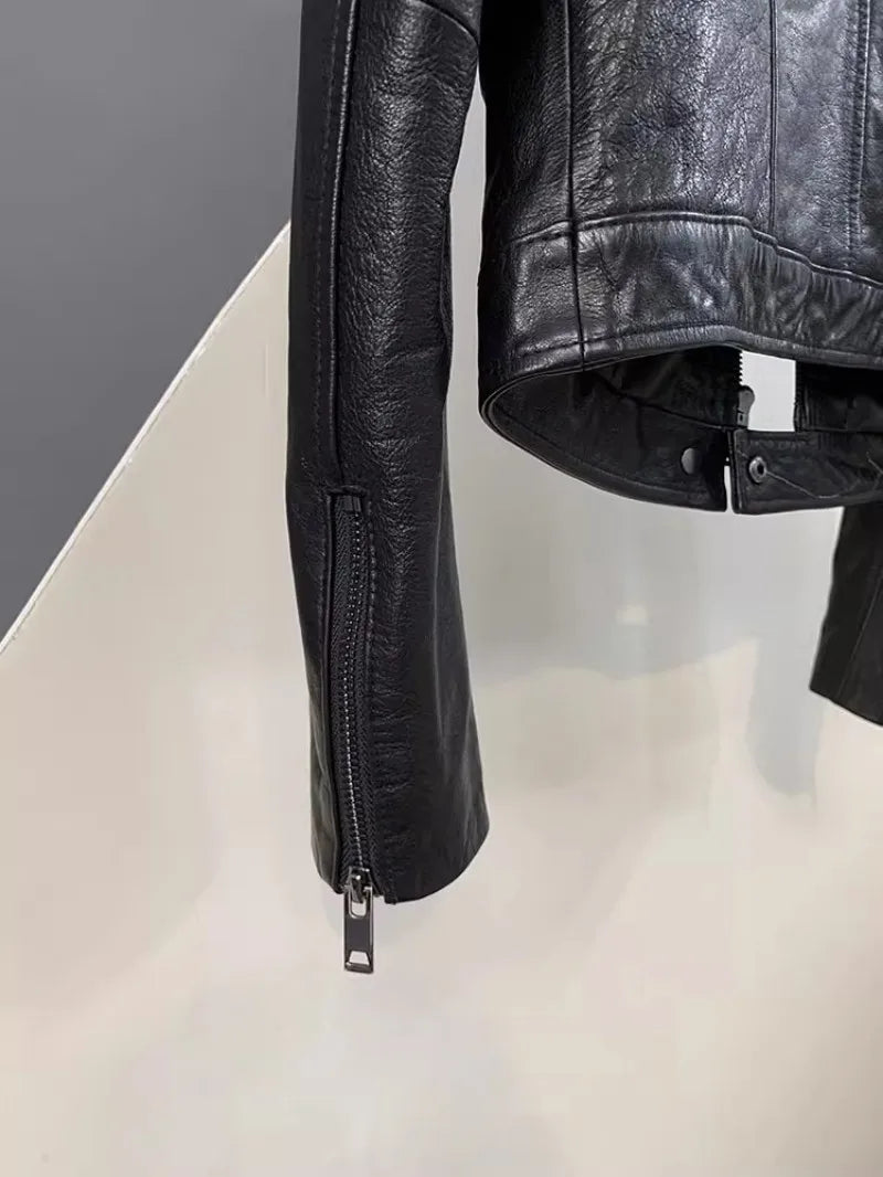 Autumn Fashion Genuine Leather Women Short Jacket Stand Collar Zipper Coat Top Work Lady Slim Fit Jackets Casual Black Outerwear