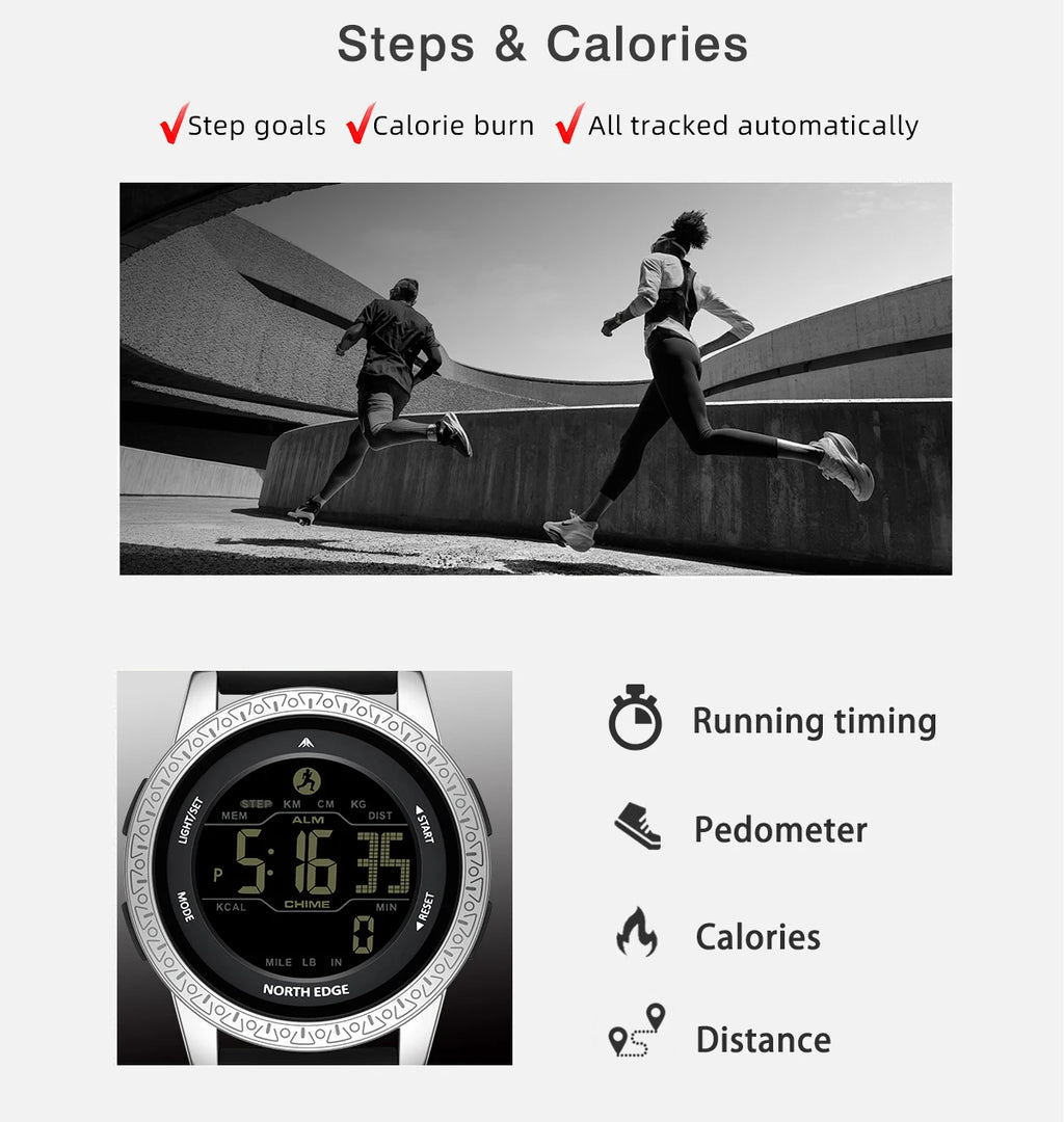 NORTH EDGE APOLLO Luxury Men Women Digital Watch Waterproof 50M Sports Watches Dual Time Pedometer Alarm Clock Couple's Watches