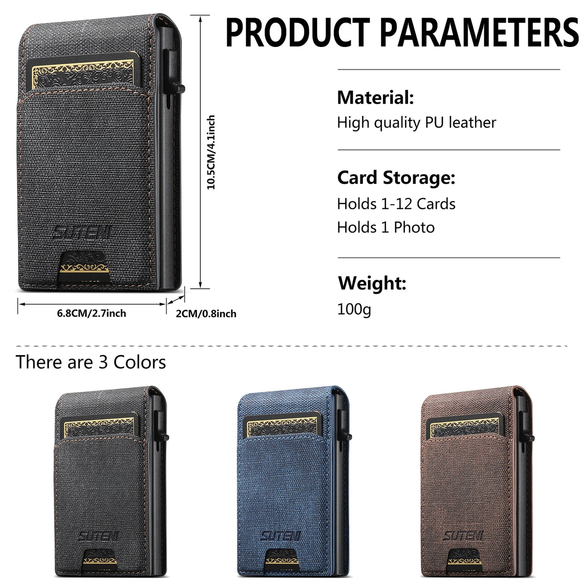 Push-out Card High Quality Faux Leather Card Holder Wallet Holder Large Capacity Can Hold 1-12 Cards 1 Photo Black/Brown/Blue