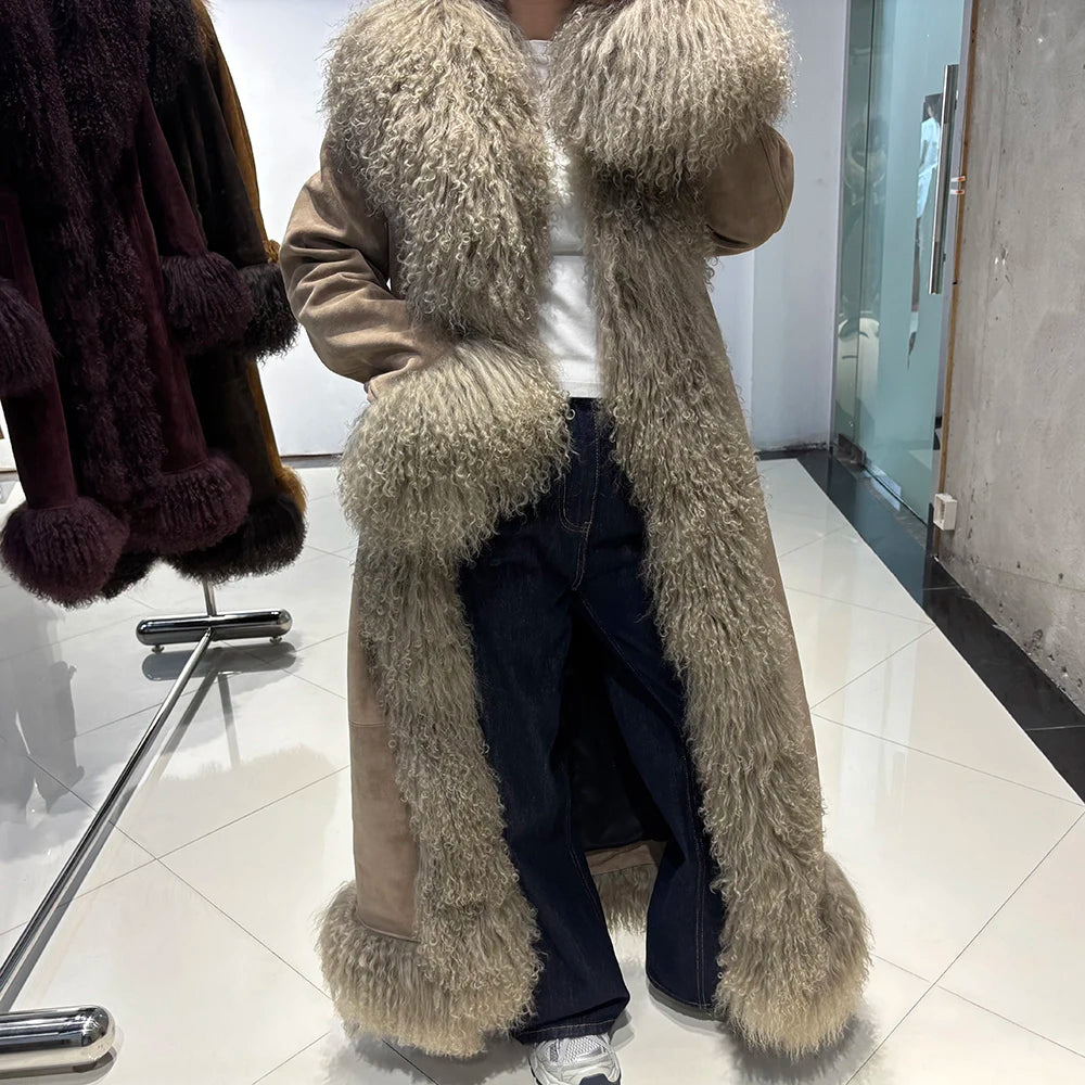 YOLOAgain Mongolia Sheep Fur Collar Real Leather Coat Women Suede Jacket 2025 Winter Outerwear
