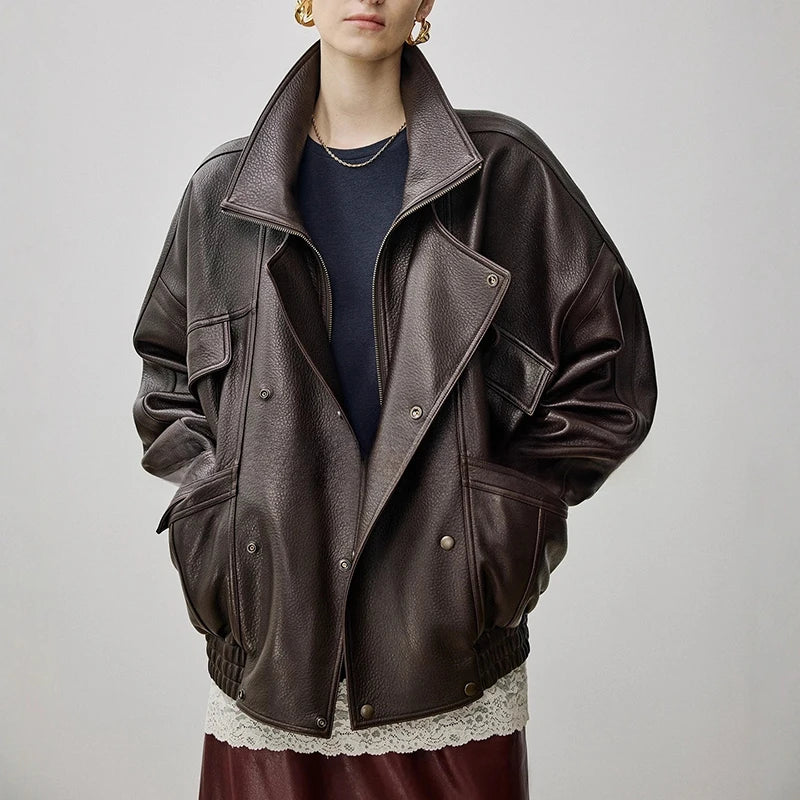 Brown Sheepskin Bubble Skin Coat Female Retro Double Layer Collar Double Breasted Zipper Loose Leather Jacket Winter Outerwear