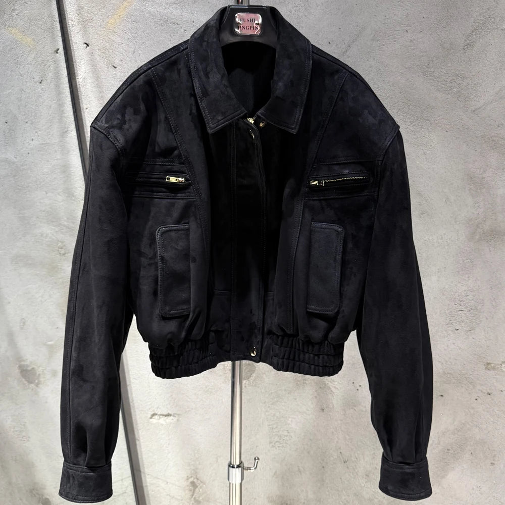 Women Suede Bomber Winter Genuine Sheep Leather Coat Broad Shoulder Ladies Real Sheep Suede Jackets