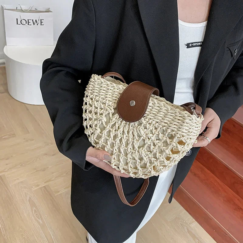 Summer Straw Bag For Women Fashion Semicircle Crossbody Bags Rattan Handmade Messenger Handbag Travel Beach Bags Tote