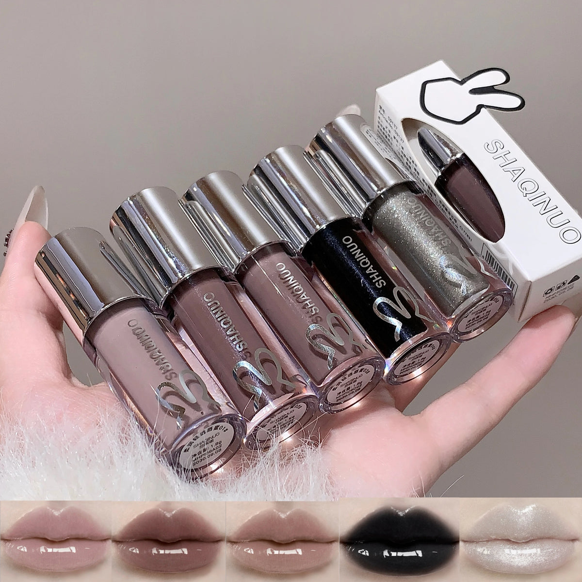 SHAQINUO Water Light Mirror Lip Gloss Lasting Moisturizing Cool Black Silver Gray Pearlescent Fine Sparkling Lipstick Lip Oil