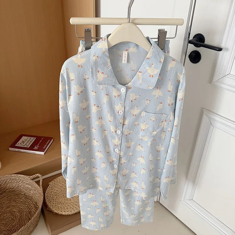 Sweet Cute Goose Print Korean Fashion Women's Pajamas Nightwear Kawaii Casual Lapel Neck Y2K Pajamas Set Autumn New Loungewear