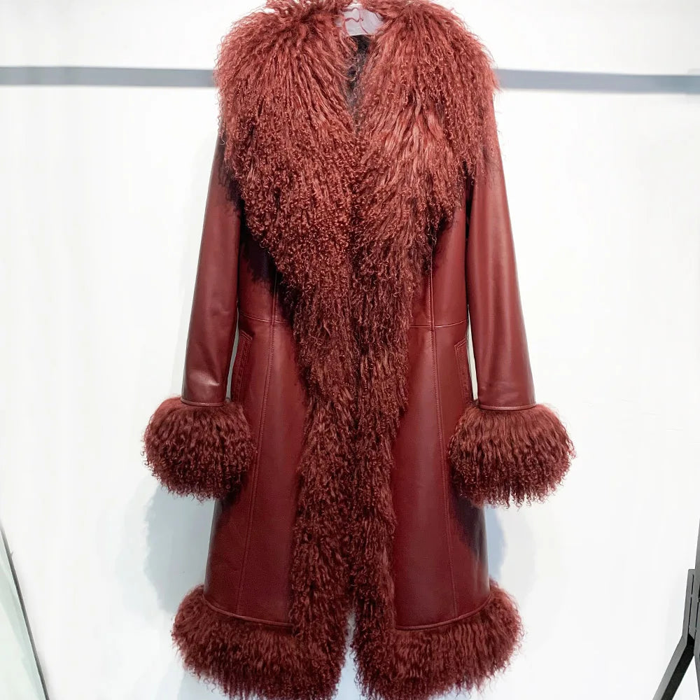 Sheep Fur Coat Long Women Autumn Genuine Sheepskin Coat Long with Mongfolian Fur Trim