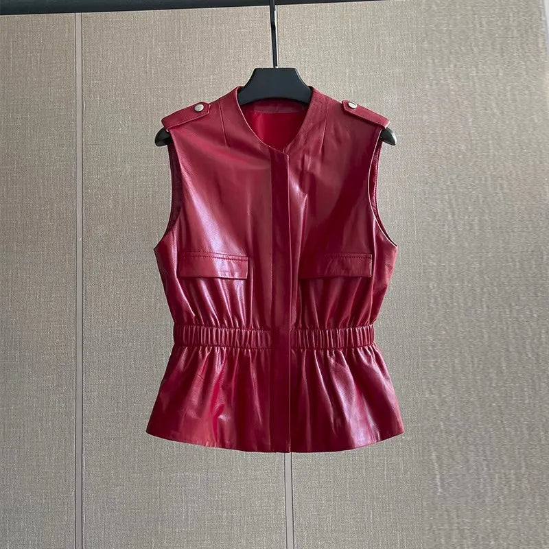 Women's Slim Waist Red Genuine Leather Vest Sleeveless Casual Jacket Short Style Versatile for Spring Autumn