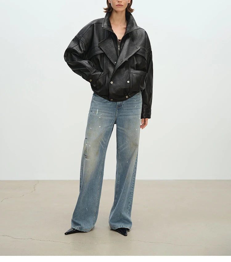 Brown Sheepskin Bubble Skin Coat Female Retro Double Layer Collar Double Breasted Zipper Loose Leather Jacket Winter Outerwear