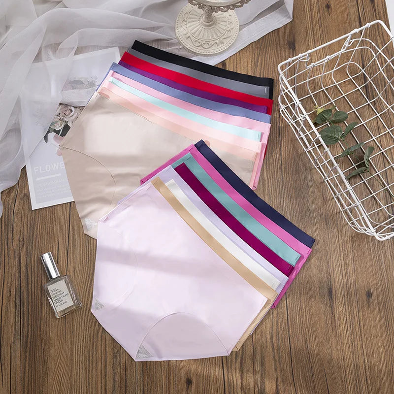 3Pcs Plus Size Underwear Women's Panties Ice Silk Solid Color Ladies Seamless Underpant Girls Briefs Breath Sexy Lingerie Female