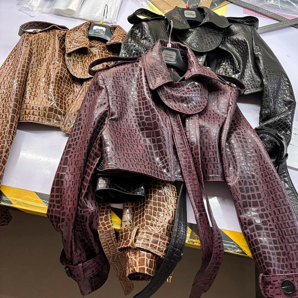 YOLOAgain Croc Pattern Real Leather Cropped Jacket Women Genuine Leather Jacket Female Streetwear