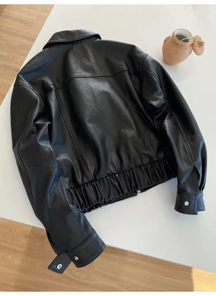 Genuine Leather Jacket for Women Sheepskin Leather Short Coat Female Collar Cropped Veste Woman Clothing Basic Daily Outfit