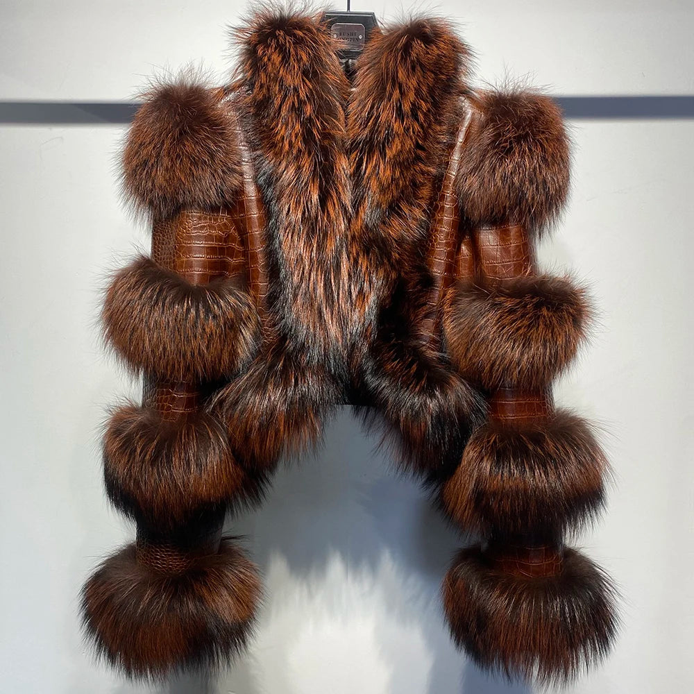 YOLOAgain Women's Natural Fox Fur Jacket Real Leather Cropped Jacket Streetwear